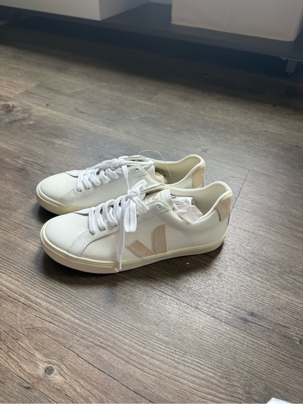 Veja White Low-Top Sneakers with Beige Accents